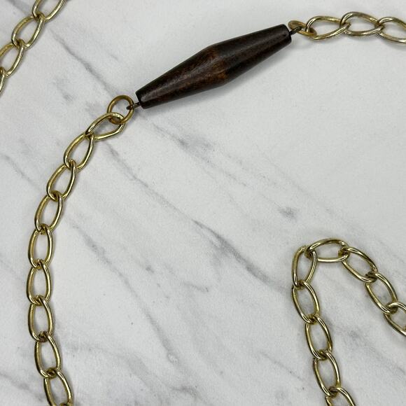 Wood Beaded Gold Tone Metal Chain Link Belt One Size (OS) ✨ - Picture 10 of 12